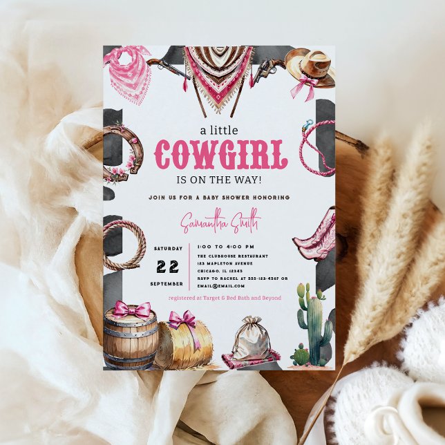 Western Rosa Watercolor Cowgirl Baby Shower Inbjudningar (Western Pink Wild West Country Watercolor Coquette Cowgirl Rodeo Baby Shower Invitation)