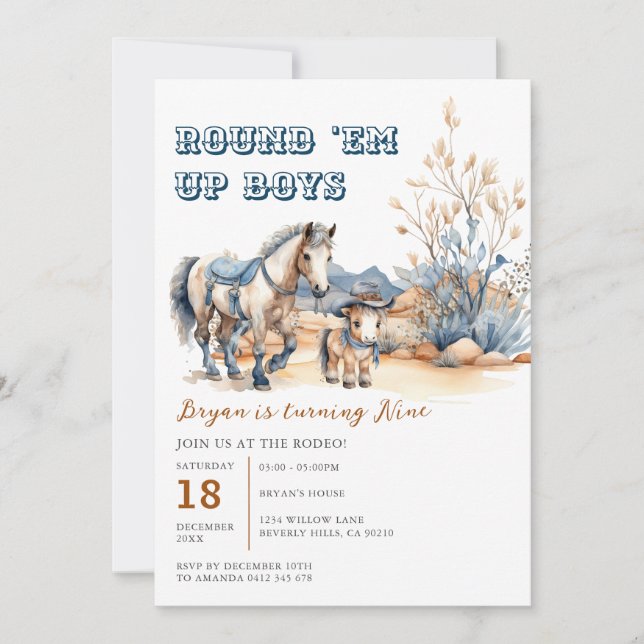 Western Round 'Em Up Boys Cowboy Födelsedagsfest Inbjudningar (Framsida)