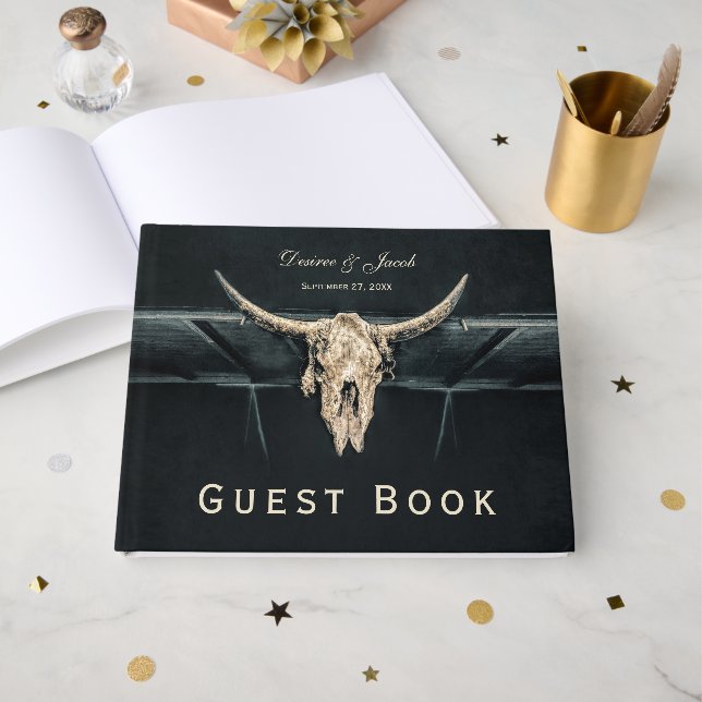 Western Rustic Beige Grått Land Bull Skull Gästböcker (Framsida Öppen)