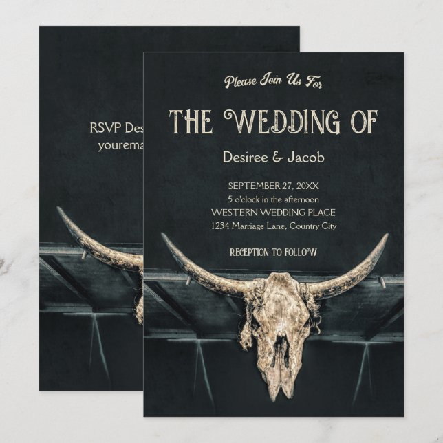 Western Rustic Beige Grått Land Bull Skull Inbjudningar (Fram/baksida)