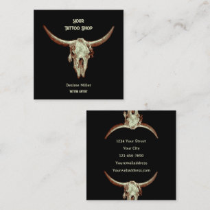 Western Rustic Black Tatto Shop Bull Skull Fyrkantigt Visitkort