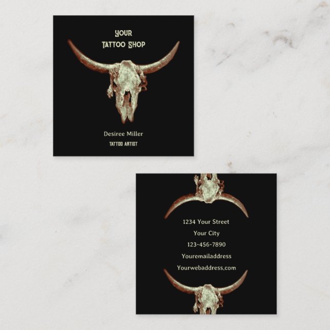 Western Rustic Black Tatto Shop Bull Skull Fyrkantigt Visitkort (Fram/baksida)