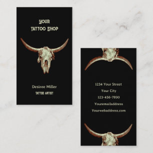 Western Rustic Black Tatto Shop Bull Skull Visitkort