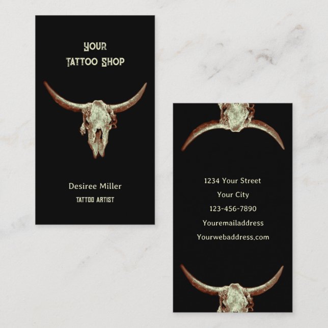 Western Rustic Black Tatto Shop Bull Skull Visitkort (Fram/baksida)