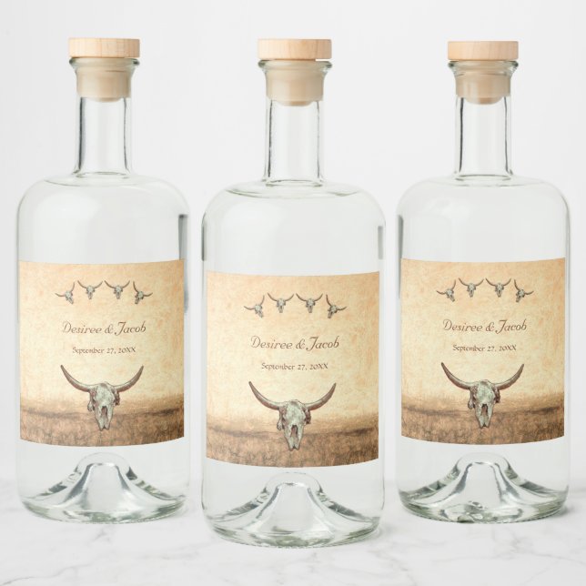 Western Rustic Bröllop Land Cow Bull Skull Spritflaskor Etikett (Flaskor)
