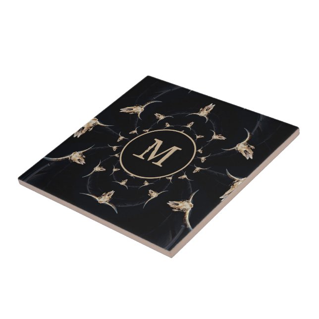 Western Rustic Bull Skull Cowboy Land Monogram Kakelplatta (Sidan)