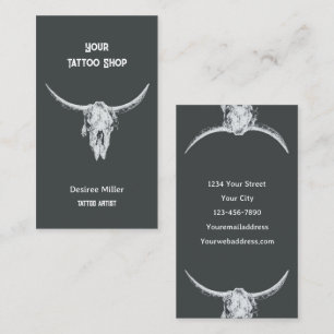 Western Rustic Charcol Tatto Shop Bull Skull Visitkort