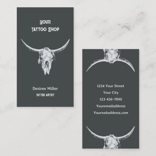 Western Rustic Charcol Tatto Shop Bull Skull Visitkort (Fram/baksida)