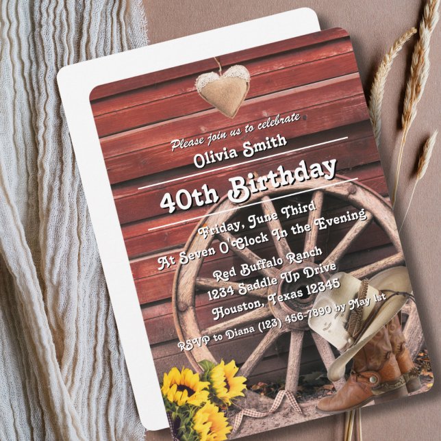 Western Rustic Cowgirl Stövlar Hatt Solros 40th Inbjudningar (Skapare uppladdad)