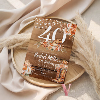 Western Rustic Dried Flower Hat Boots Birthday Inbjudningar