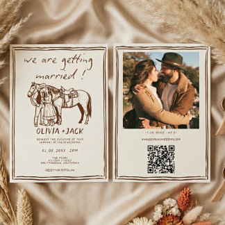 Western Rustic Hand Drawn Photo QR Code Wedding Inbjudningar