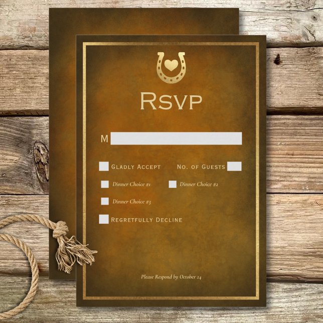 Western Rustic Horseshoe Brown & Guld Middag OSA Kort (Western Rustic Horseshoe Brown & Gold Dinner RSVP Card)