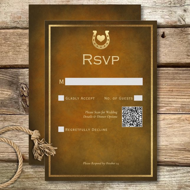 Western Rustic Horseshoe Brown & Guld QR-kod OSA Kort (Western Rustic Horseshoe Brown & Gold QR Code RSVP Card)