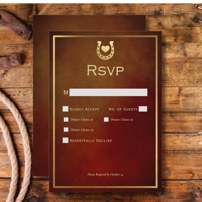 Western Rustic Horseshoe Burgundy & Guld Middag OSA Kort (Western Rustic Horseshoe Burgundy & Gold Dinner RSVP Card)