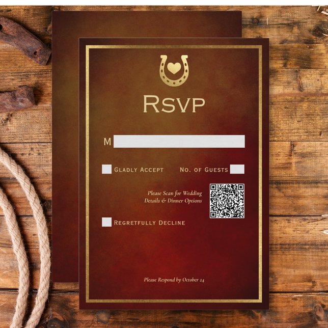 Western Rustic Horseshoe Burgundy & Guld QR-kod OSA Kort (Western Rustic Horseshoe Burgundy & Gold QR Code RSVP Card)