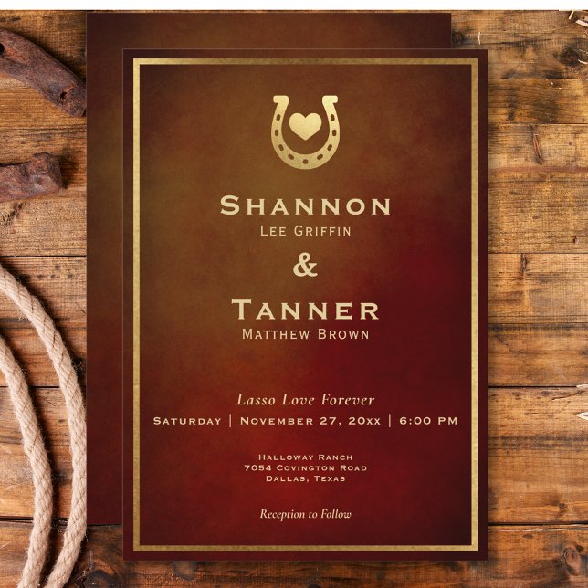 Western Rustic Horseshoe Heart Burgundy & Guld Inbjudningar (Western Rustic Horseshoe Heart Burgundy & Gold Invitation)