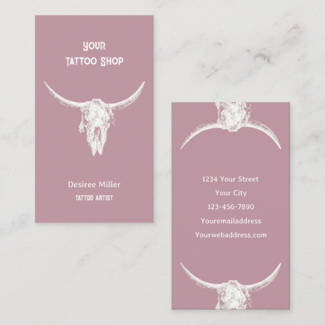 Western Rustic Rosa Tatto Shop Bull Skull Visitkort (Fram/baksida)