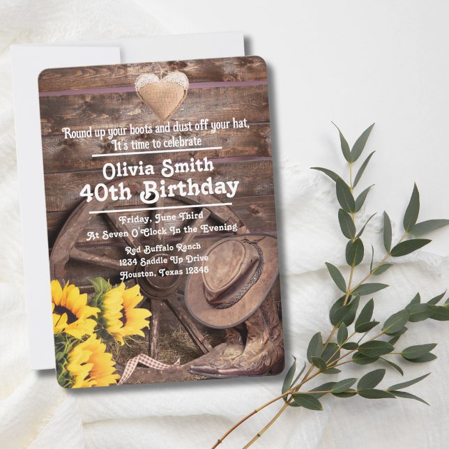 Western Rustic Solros Boot Hat 40:e födelsedagen Inbjudningar (Skapare uppladdad)