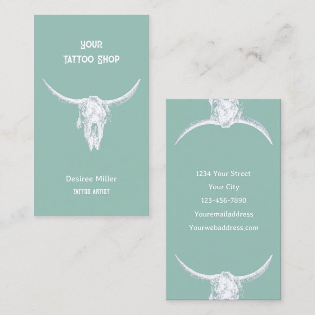 Western Rustic Tatto Shop Bull Skull Visitkort (Fram/baksida)