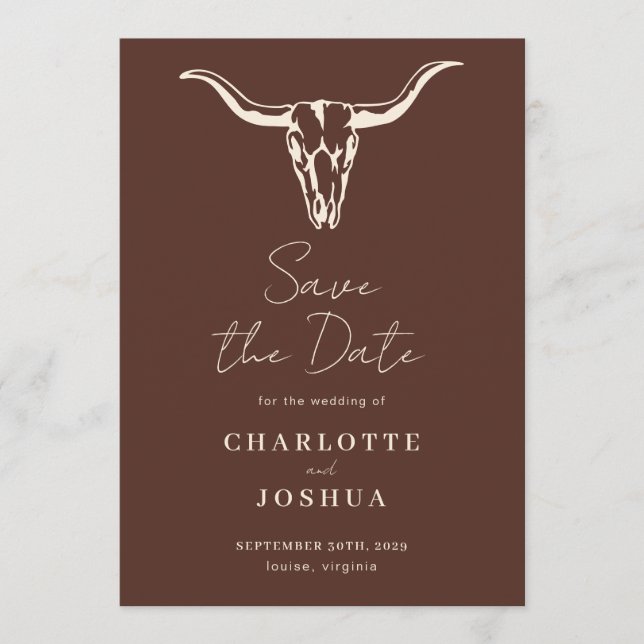 Western Save the Date | Rustic Boho Cow Skull Spara Datumet (Framsida)