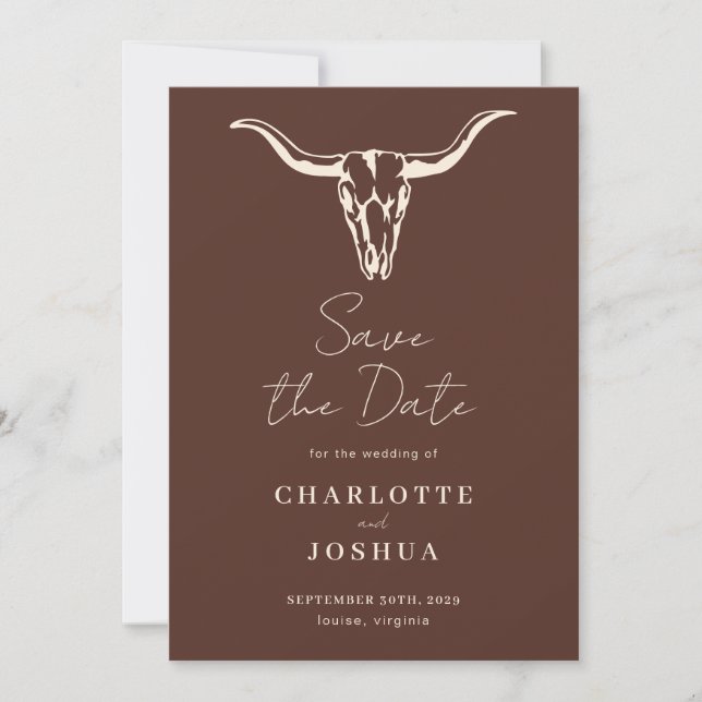 Western Save the Date | Rustic Boho Cow Skull Spara Datumet (Framsida)