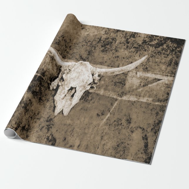 Western Sepia Brown Struktur Cowboy Bull Skull Presentpapper (Utrullad)
