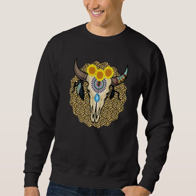 Western Serape Cow Skull Print Sunflower Leopard T Lång Ärmad Tröja (Framsida)