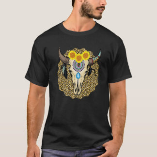 Western Serape Cow Skull Print Sunflower Leopard T T Shirt