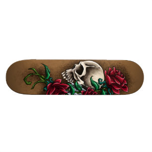 Western skalle med röd ros och Revolverpistolen Old School Skateboard Bräda 21,6 Cm