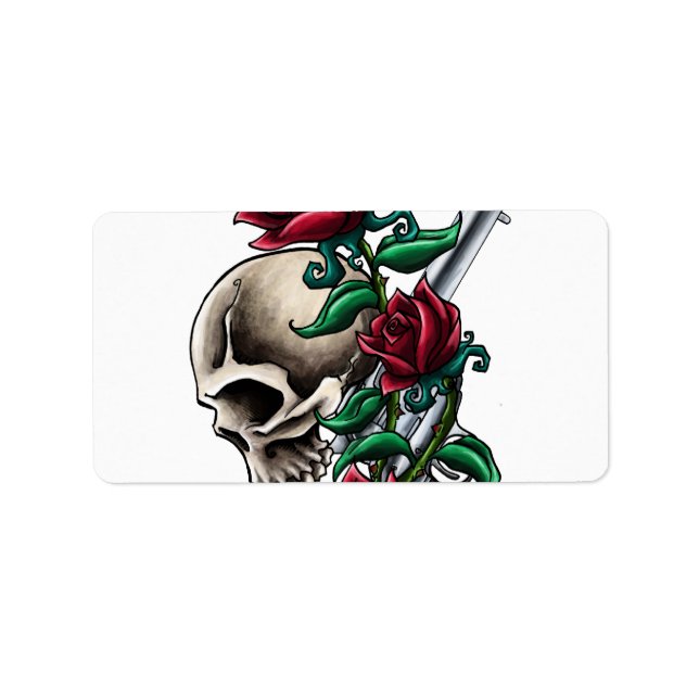 Western Skull med Röd ros och Revolver Pistol Adressetikett (Framsidan)