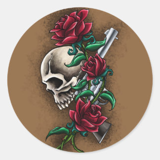 Western Skull med Röd ros och Revolver Pistol Runt Klistermärke