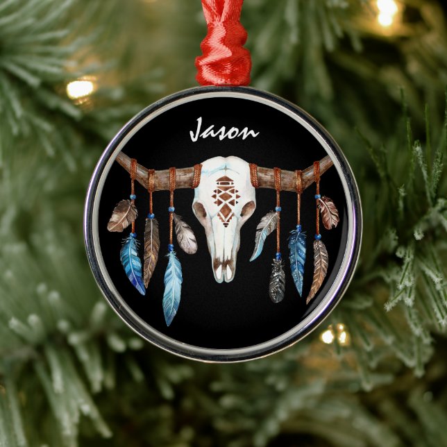 Western Steer Skull och Feathers-Personlig Julgransprydnad Metall (Träd)