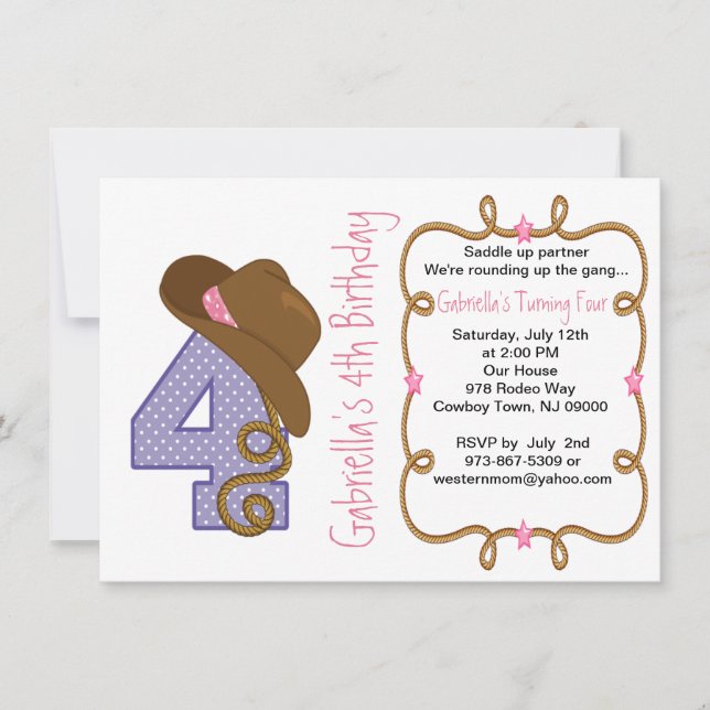 Western stor födelsedaginbjudan för fyra flicka inbjudningar (Framsida)