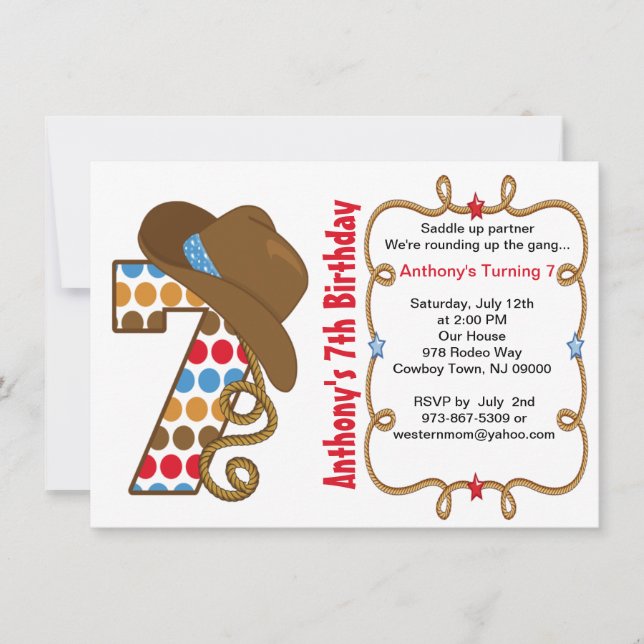 Western stor födelsedaginbjudan för sju pojke inbjudningar (Framsida)