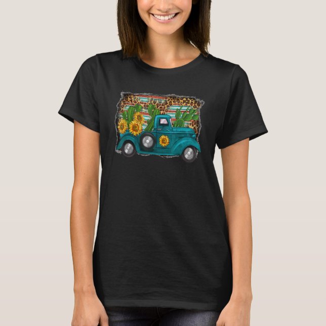 Western Sunflower Truck Country Leopard farm T Shirt (Framsida)