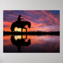 Western Sunset Cowboy på Horseback Big Himlar