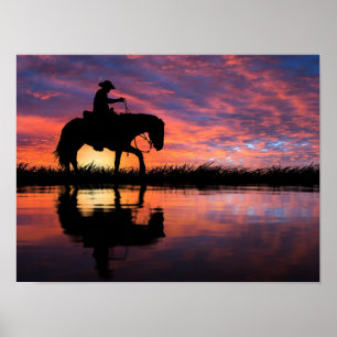 Western Sunset Cowboy på Horseback Big Himlar Poster