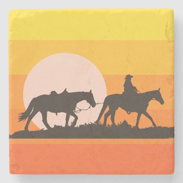 Western Sunset Cowboy Silhouette Kuddinkast Stenunderlägg (Framsidan)