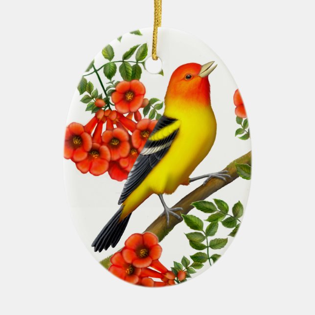 Western Tanager i Trumpet Vine Ornament (Framsidan)