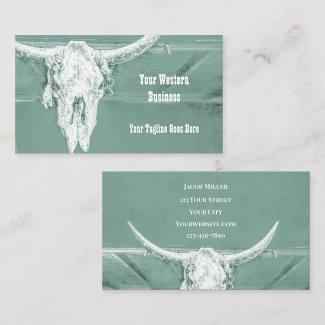 Western Teal White Rustic Bull Cow Skull Barn Visitkort (Fram/baksida)