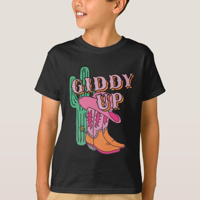 Western Texas Giddy Up Cowgirl CowboyBoots Cactus T Shirt (Framsida)