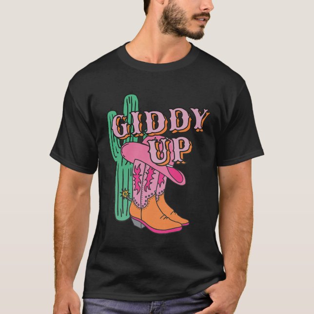 Western Texas Giddy Up Cowgirl CowboyBoots Cactus T Shirt (Framsida)