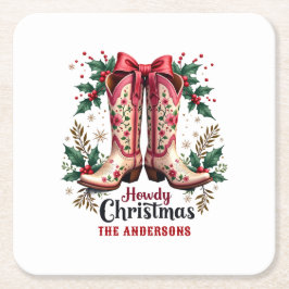 Western Theme Howdy Christmas Cowgirl Boots Underlägg Papper Kvadrat
