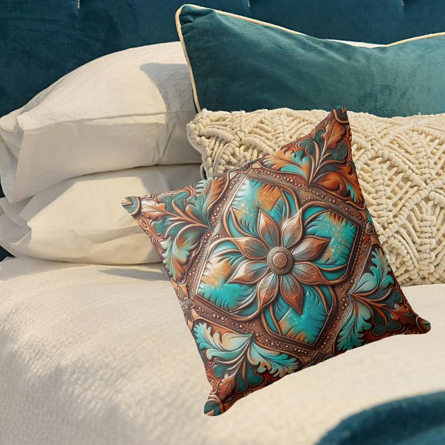 Western toolad läder Skriv ut turkos-koppar Kudde (Western Tooled Leather Print Turquoise Copper Throw Pillow)