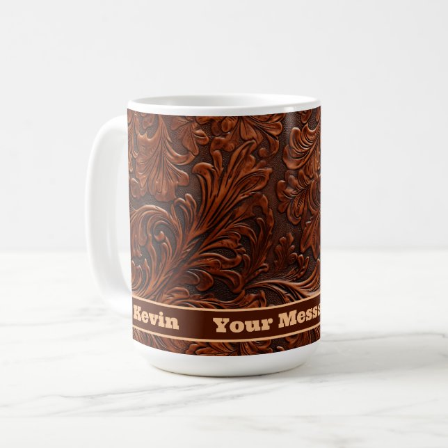 Western Tooled Leather Mönster Personlig Kaffemugg (Framsida vänster)