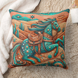 Western Tooled Leather Print Southwest Horse Kudde