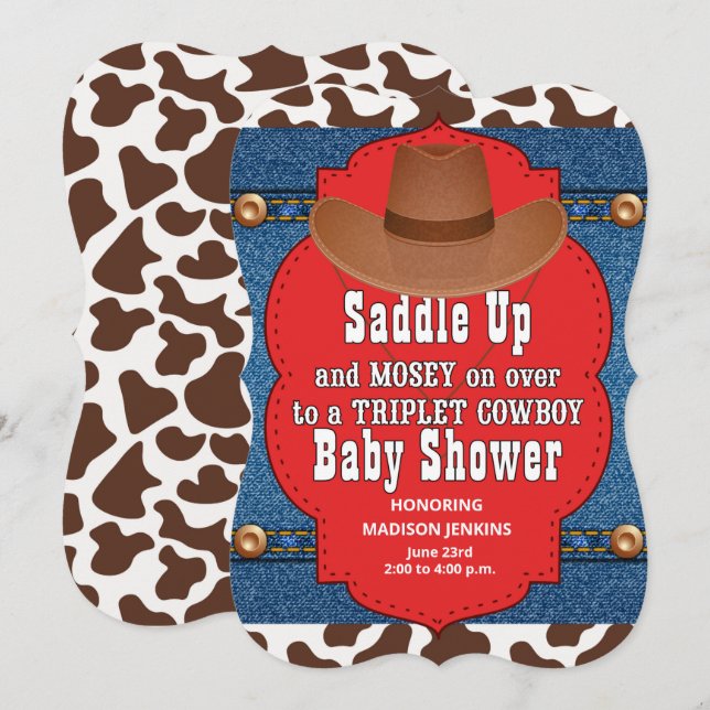 Western Triplet Cowboys Baby Shower Inbjudan (Fram/baksida)