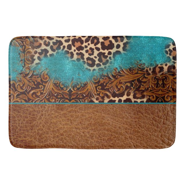 Western turkos Glitter Flourish Leather Leopard Badrumsmatta (Framsidan)