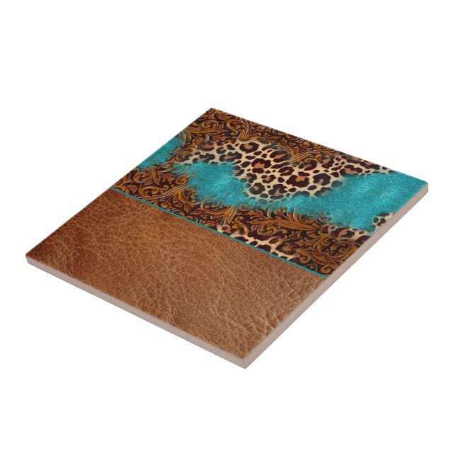 Western turkos Glitter Flourish Leather Leopard Kakelplatta (Sidan)