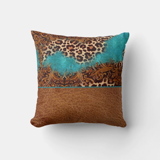 Western turkos Glitter Flourish Leather Leopard Kudde (Framsida)